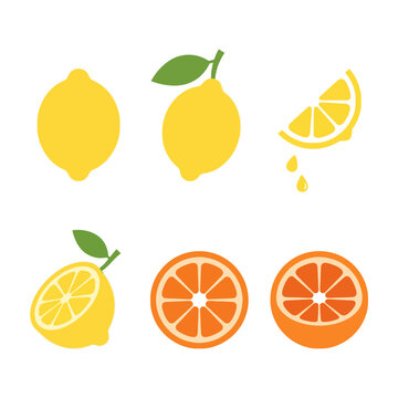 Lemon and Orange Fruit Icons Set with Leaf and Slice Design Elements