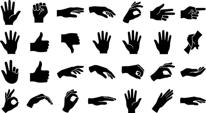 Collection of various hand gestures and positions in black silhouette style, showing different meanings and actions