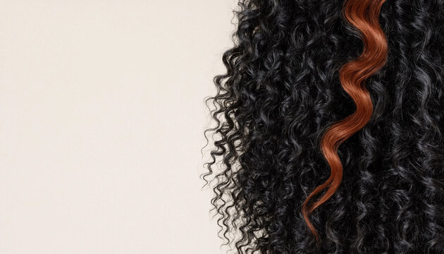 Close-up of dense black curly hair with a single copper-colored strand against a light background. Hair texture and color contrast create a beauty concept.