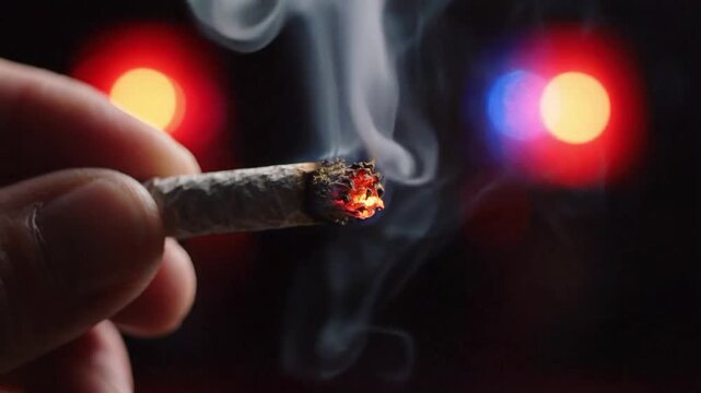 Flame lighting up a rolled marijuana joint in a dark setting with colorful lights in the background