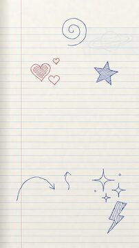 Notebook doodles appear on lined paper. Looped animation