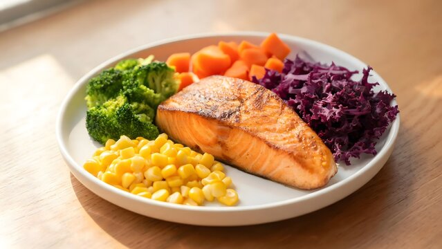 Grilled Salmon Fillet with Fresh Vegetables on a White Plate