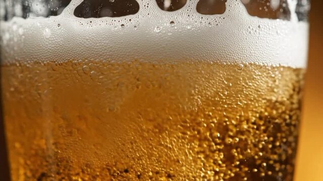 Super slow motion detail shot of rippling beer bubbles in a glass