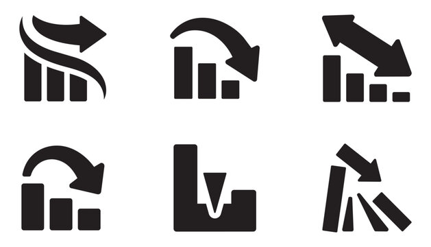 Market crash graph icon set. Set of black business charts showing negative growth. Symbols of falling stock market trends. Ideal for financial reports news about inflation.
