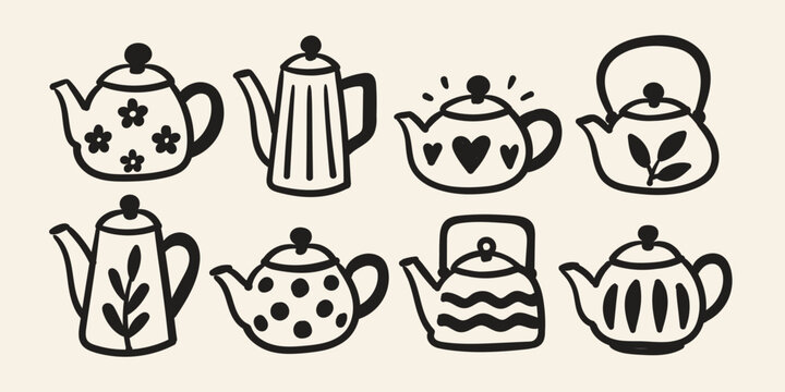 Hand Drawn Teapot and Tea Kettle Doodle Collection with Floral Hearts Leaves Stripes and Polka Dot Decorative Elements
