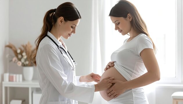 Doctor examining pregnant womans belly during checkup.