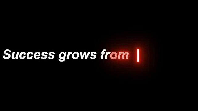 Success quote displayed in white italicized typography on a solid black background featuring a glowing red blinking cursor symbol at the end of the sentence to inspire digital creators.
