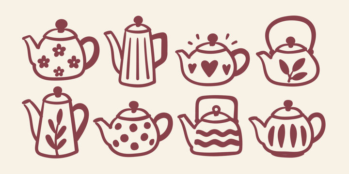 Hand Drawn Teapot and Tea Kettle Doodle Collection with Floral Hearts Leaves Stripes and Polka Dot Decorative Elements