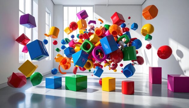 Colorful 3D Cubes and Spheres in Motion.