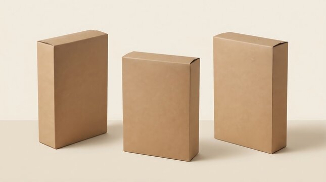 Three brown cardboard boxes standing in a row for product packaging design mockup and shipping concept. blank cereal box