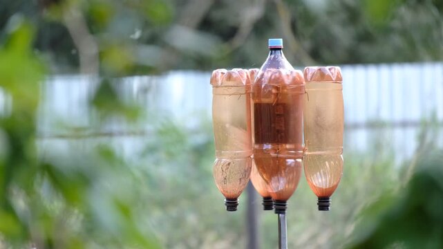 DIY rotating anemometer garden deterrent made from plastic bottles, designed to deter birds and moles in outdoor garden setting with blurred background foliage