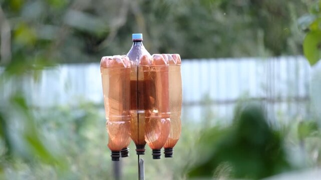 DIY garden rotating deterrent using plastic bottles as anemometer for moles and birds, showcasing three connected frames of the device in a garden setting