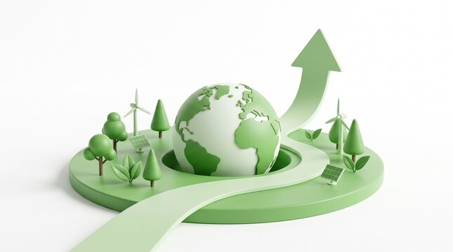 Green energy innovation with renewable investment, ESG strategy for sustainable business growth, 3D Earth globe with rising arrow, wind turbines, and solar panels for net zero future