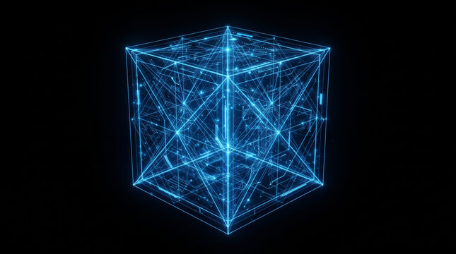 Abstract digital cube with glowing blue lines and complex geometric data network structure on a dark background