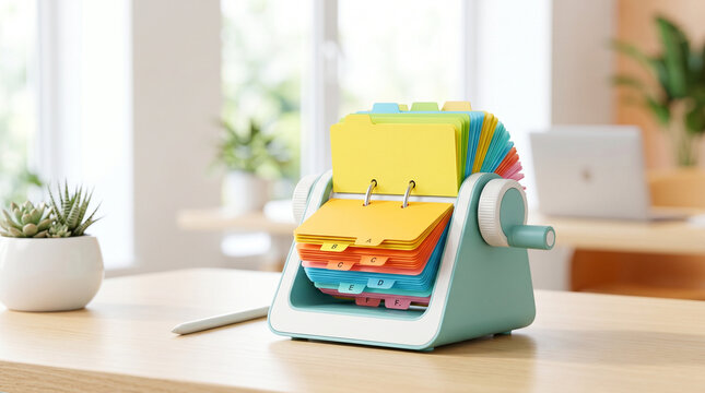 Rotary index card file on a desk with colorful tabs and plant  