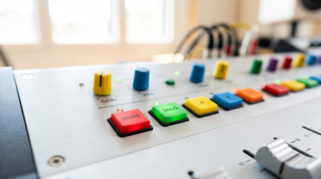 Mixing console channel strip buttons in a bright recording studio  