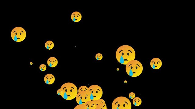 Realistic crying emoji icon, Sad button emoji motion graphic, social media live style reactions floating and cascading, crying emoji sad emoticon face on black screen background.4k video