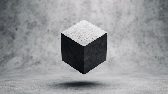 A single concrete cube floating in midair against a textured grey concrete background, creating a minimalist and modern industrial aesthetic