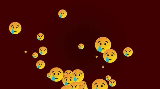 Realistic crying emoji icon, Sad button emoji motion graphic, social media live style reactions floating and cascading, crying emoji sad emoticon face on red screen background.4k video
