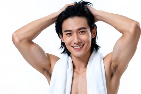 Happy young Asian man with towel holding his hair
