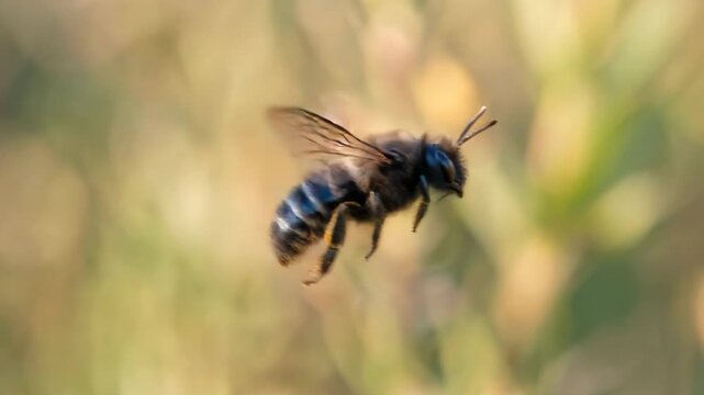 mason bee flying close up at morning light in north american woodland video