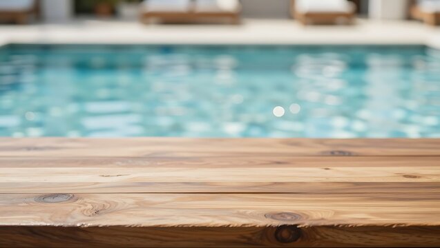 A rustic wooden table is in focus in front of a sparkling swimming pool.