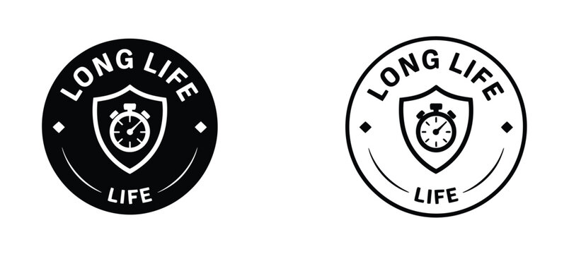 Long lasting material badge, durable product feature stamp for packaging, extended service life, strong quality, reliability and product specification vector icon