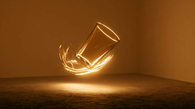 Minimalist falling glass cup in empty room with neon cyberpunk lighting and sepia