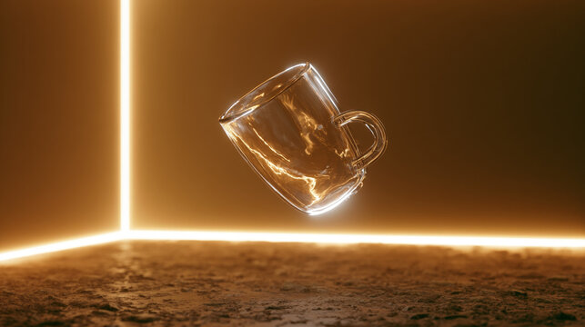 Minimalist falling glass cup in empty room with neon cyberpunk lighting and sepia