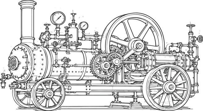 Detailed vector illustration of a vintage steam traction engine with large wheels and gauges