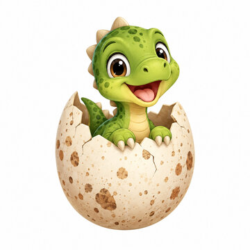 Cute green baby dinosaur hatching from a spotted egg in a cheerful isolated cartoon illustration on a clean white background.