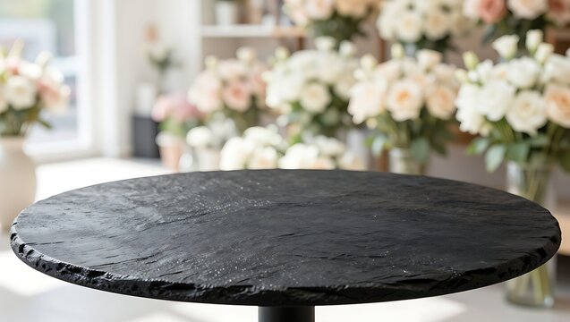 A round black slate table stands ready in a charming flower shop.