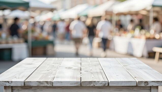 A weathered wooden table stands in the foreground with a blurred outdoor market scene behind it.