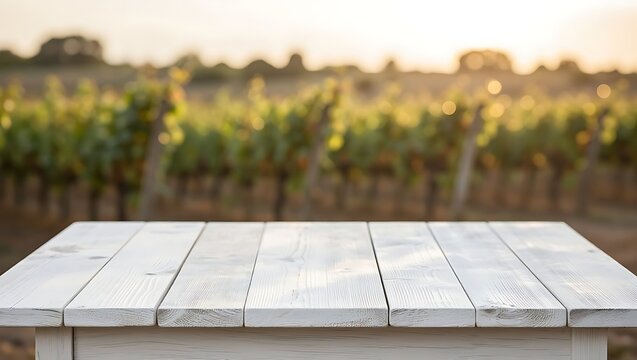 A white wooden picnic table is positioned in a sun-drenched vineyard with rows of grapevines.