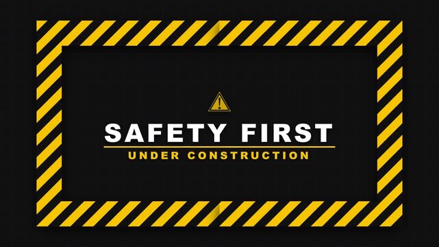 Bold graphic illustration emphasizing crucial safety protocols for construction sites, featuring a 'Safety First' message within a striking hazard stripe border