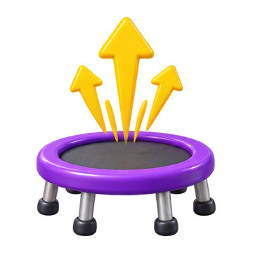3D render of a purple mini trampoline with yellow upward arrows representing growth and fitness