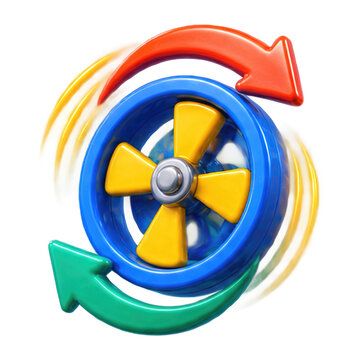 A colorful 3D spinning wheel icon with red and green arrows indicating a circular motion concept