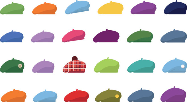 Colorful beret hats vector illustration set featuring stylish French headwear in various vibrant shades isolated on white background.