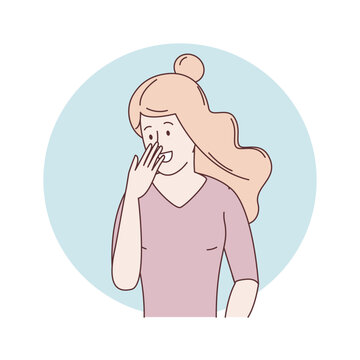 Young happy woman smiling and giggling covering her mouth with hand, shy girl laughing secretly in line art style expressing joyful positive emotion. Vector illustration.