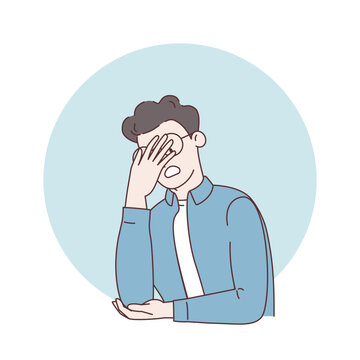Stressed man covering face with hand feeling tired, disappointed and overwhelmed, facepalm gesture showing problem, failure or regret in line art style. Vector illustration.