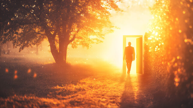 New Beginning, Person walking through an open door into bright sunrise, symbolizing hope and new beginnings