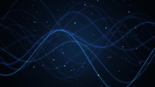 Blue Neon Glowing Sinusoidal Wave Lines Moving Smoothly on Dark Background with Floating Particles