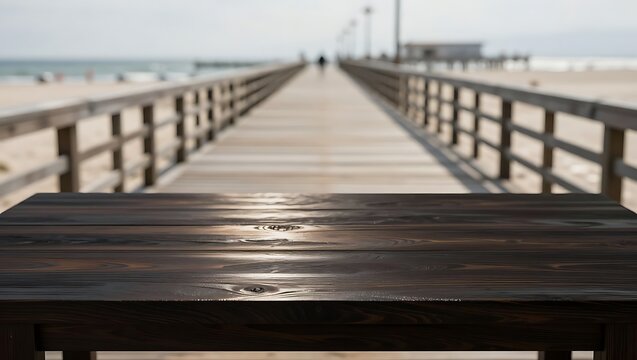 A dark, rustic wooden table is positioned in front of a long wooden pier extending into the ocean.