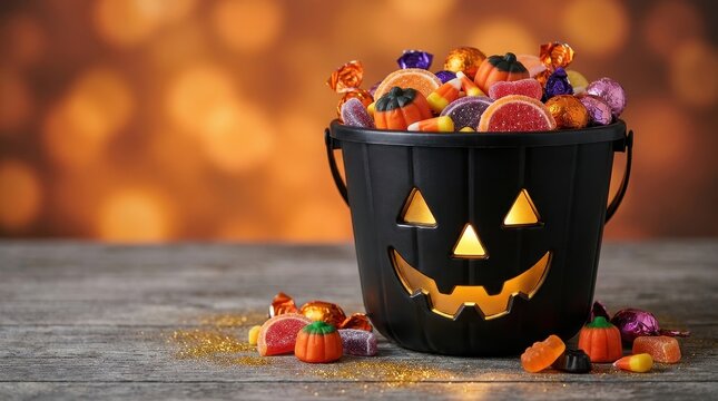 Black plastic jack-o-lantern bucket overflowing with colorful gummy pumpkins and assorted sweet candies sitting on a rustic wooden table surface