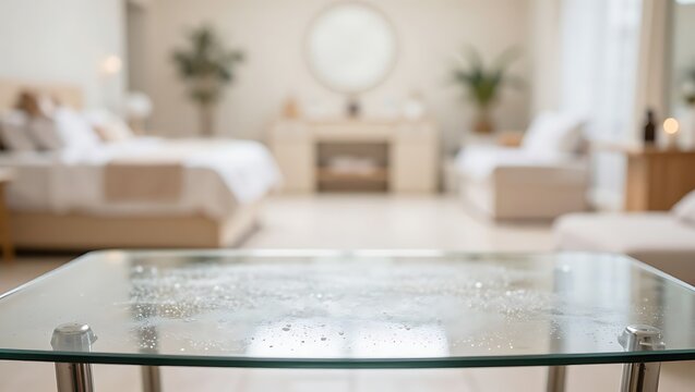 A sparkling wet glass table offers a clean foreground against a luxurious bedroom interior.