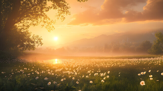 Peaceful sunrise over a meadow creating a serene landscape for nature and wellness