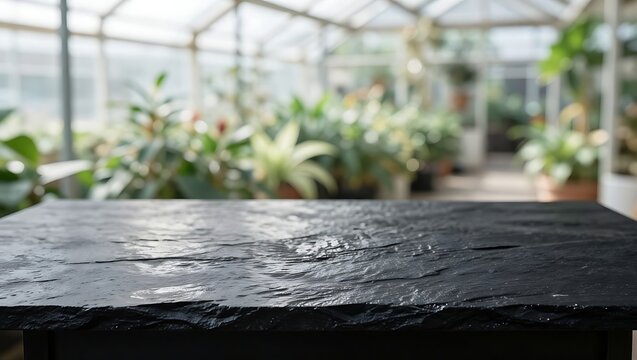 The dark black slate table stands boldly against the vibrant green of a greenhouse.