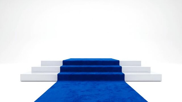 Luxurious blue carpet runway leading to a white podium for presentation or award ceremony