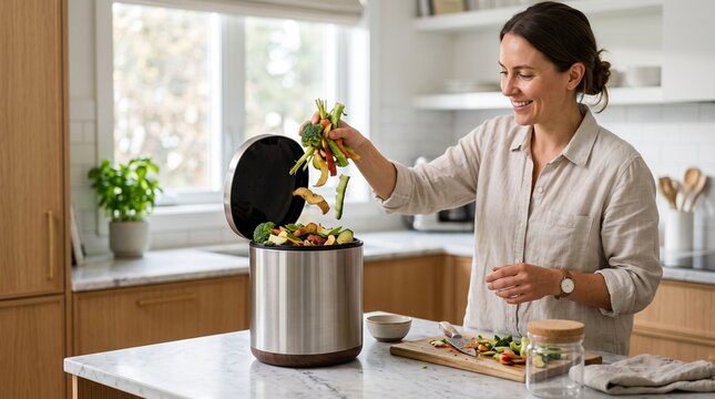 Woman throwing vegetable food scraps into kitchen compost bin symbolizing zero-waste lifestyle and eco-friendly food recycling