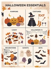Fototapeta premium Halloween essentials collection grid poster with pumpkins costumes candy ghosts bats and decorations